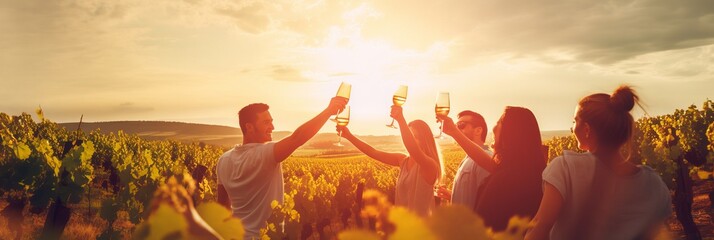 Blurred image of friends toasting wine in a vineyard in the daytime outdoors. Happy friends having fun outdoors in vineyard - obrazy, fototapety, plakaty