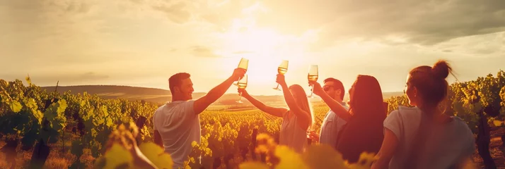 Foto op Plexiglas Wijngaard Blurred image of friends toasting wine in a vineyard in the daytime outdoors. Happy friends having fun outdoors in vineyard