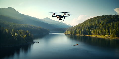 drone over the lake, Drone with camera flying airborne, Beautiful landscapes view, camera drone hovering over a landscape, generative AI


