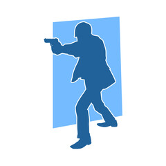 Silhouette of a male bodyguard in action pose with a hand gun weapon.