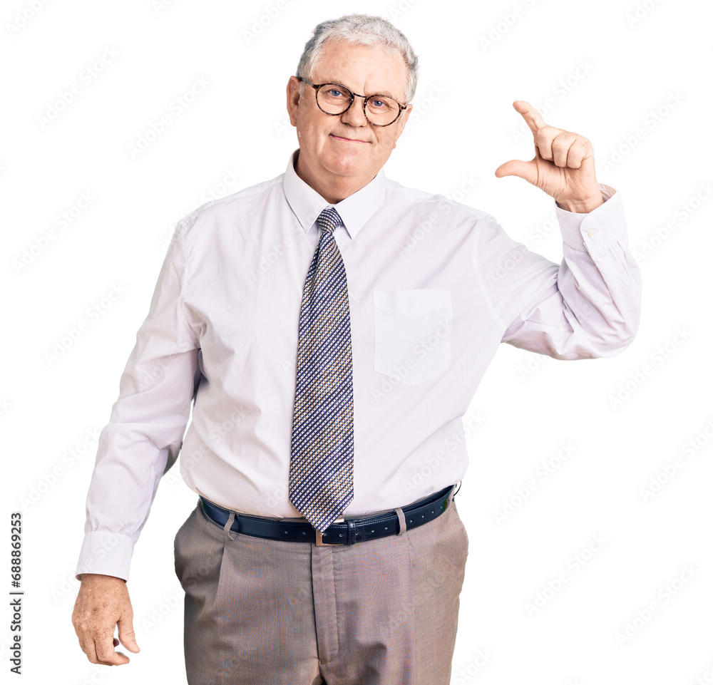 Sticker Senior grey-haired man wearing business clothes smiling and confident gesturing with hand doing small size sign with fingers looking and the camera. measure concept.