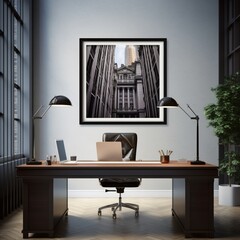 An office setting with a large, framed photo of a famous stock exchange building.