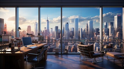 An office with a panoramic view of a bustling financial district, skyscrapers in the background.