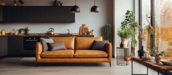 Brown couch in cozy living room open to small kitchen with black and gold furniture.