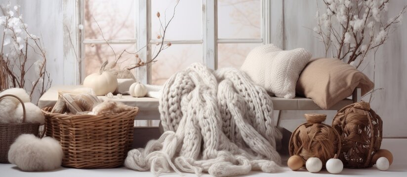 Nordic interior with cozy elements: cocoa, book, knitted basket, yarn, needles, pompon blanket, cushions, and a still life photo.
