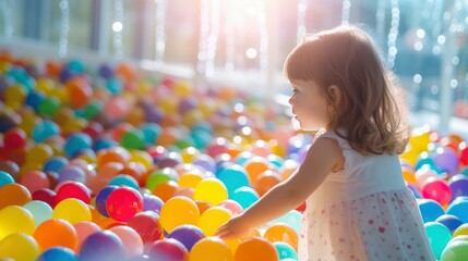 Child playing in pool. A toddler is playing in a ball pool. Concept for playground and children's happiness - obrazy, fototapety, plakaty