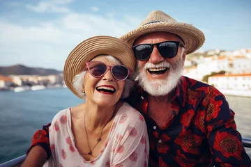 Küchenrückwand glas motiv happy elderly couple having fun on the ship. pensioners traveling on a cruise ship © InfiniteStudio