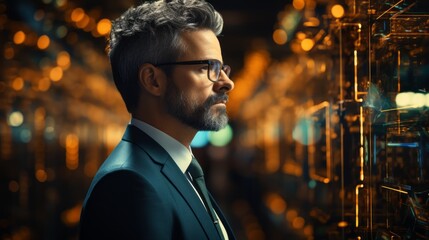 Futuristic Concept Data Center Chief Technology Officer Holding Laptop, Standing In Warehouse