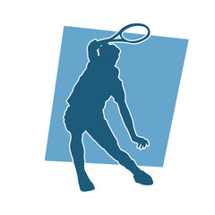 Silhouette of a male tennis player in action pose. Silhouette of a man playing tennis sport with racket.