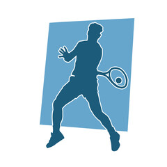 Silhouette of a male tennis player in action pose. Silhouette of a man playing tennis sport with racket.