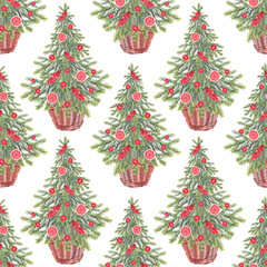 Seamless pattern with watercolor green christmas tree with red toys berries and grapefruit on white background. Forest evergreen fir or pine for sticker. Hand-drawn art for new year celebration