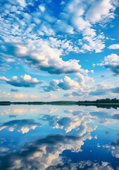 A view of a lake with clear water and clouds, trees in the background, nature landscapes, ethereal cloudscapes, Sky and clouds reflected in the lake.