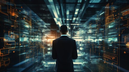 Obraz premium Futuristic Concept Data Center Chief Technology Officer Holding Laptop, Standing In Warehouse