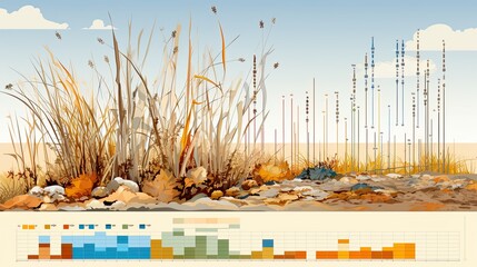 AI-generated illustration of a big data infographic featuring data on the prairie and its plant life. MidJourney. - obrazy, fototapety, plakaty