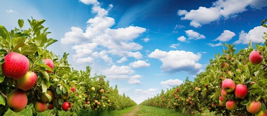 Sunny day in a blue sky apple orchard. - obrazy, fototapety, plakaty