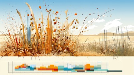 AI-generated illustration of a big data infographic featuring data on the prairie and its plant life. MidJourney.