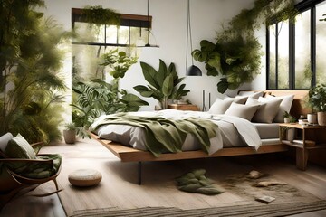 Outdoor-inspired bedroom with botanical prints, natural textures, and earthy color palette