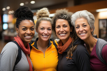 Happy smiling ladies having fun after training - obrazy, fototapety, plakaty