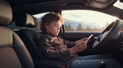 Fototapeta na wymiar A young boy with wavy hair is absorbed in a smartphone while sitting in the driver's seat of a stationary car, with a scenic backdrop of mountains through the window.