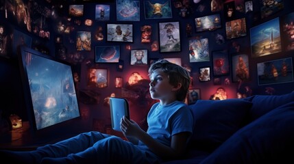 A boy lies in bed surrounded by imaginative art, holding a tablet, his face reflecting the screen's glow, suggesting a world of digital learning and entertainment, creative thinking and exploration - obrazy, fototapety, plakaty