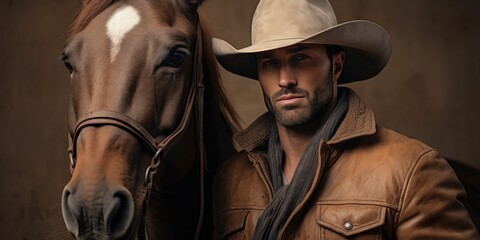 a handsome cowboy man wearing a cowboy hat next to a horse, generative AI - obrazy, fototapety, plakaty