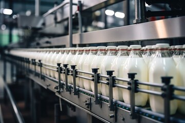 Automated dairy products filling line with white bottles