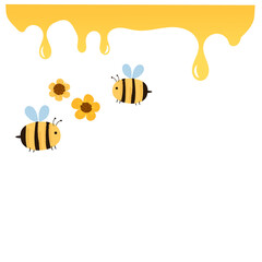 Honey drop, yellow flower and bee cartoon icon sign isolated on white background vector.