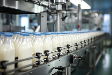 Modern milk production plant with bottles on conveyor belt