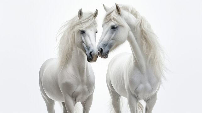 Couple of beautiful white horses isolated on white background. AI Generative.