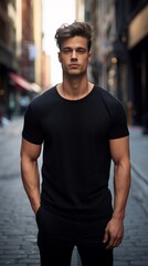 Obraz premium Male model in a classic black cotton T-shirt on a city street