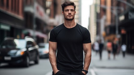 Fototapeta premium Male model in a classic black cotton T-shirt on a city street