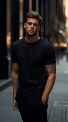 Male model in a classic black cotton T-shirt on a city street