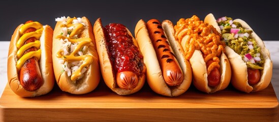 Hot dogs grilled on white buns with condiments. - obrazy, fototapety, plakaty