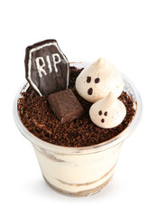 Plastic cup with delicious tiramisu for Halloween celebration on white background