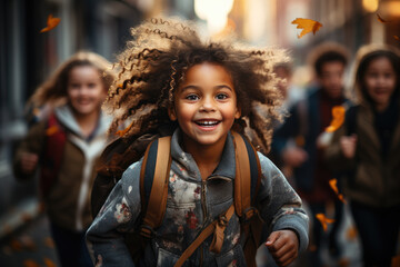 Little urban black curly girl runing on the street - obrazy, fototapety, plakaty