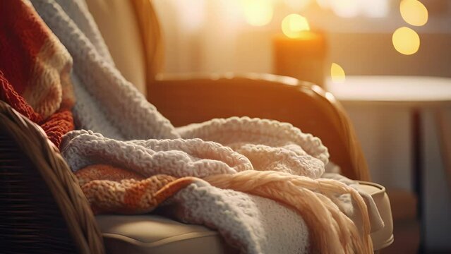 Closeup of a cozy blanket, dd over a rocking chair, inviting the viewer to snuggle up and get lost in a good book.