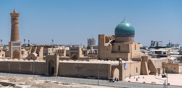 Bukhara, Uzbekistan Aerial view of Kalan Minaret Emir and Alim Khan madrasah