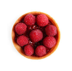 Tartlet with fresh raspberries isolated on white, top view. Delicious dessert