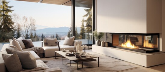 Gorgeous living space with fireplace in new luxury home, featuring a view. - obrazy, fototapety, plakaty