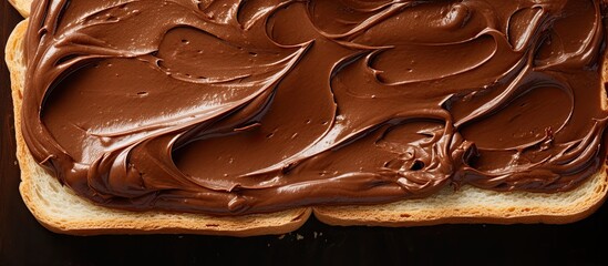 Chocolate spread on wheat bread, from above. - obrazy, fototapety, plakaty