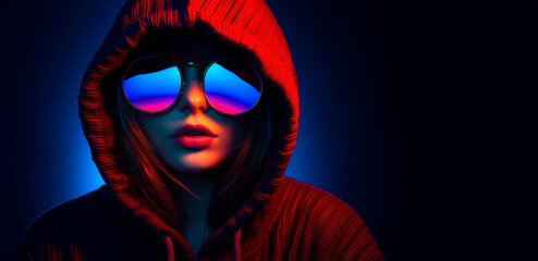 Stylish Teen: Black and Red Sweater Elevates Redhead Teenager Girl's Fashion Game, Sunglasses Adding a Touch of Cool and Confidence. Dark blue Background. Copy Space.