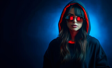 Stylish Teen: Black and Red Sweater Elevates Teenager Girl's Fashion Game, Sunglasses Adding a Touch of Cool and Confidence. Dark blue Background. Copy Space.