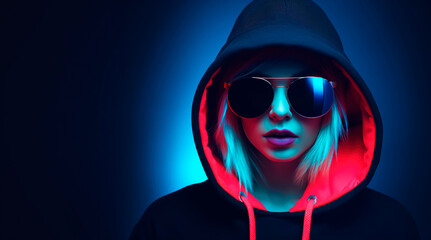 Stylish Teen: Black and Red Sweater Elevates Blond Teenager Girl's Fashion Game, Sunglasses Adding a Touch of Cool and Confidence. Dark blue Background. Copy Space.