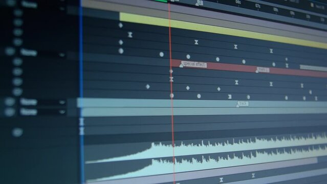 Dolly tracking shot of a computer screen in video editing software. Moving keyframes of film. Low depth of field. 