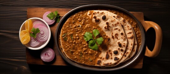 Valentine's day breakfast: Heart-shaped Indian flat bread served with dal makhani in a tray, seen from above. - obrazy, fototapety, plakaty