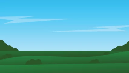 Foto op Canvas landscape cartoon scene with green field and white cloud in summer blue sky background © piggu
