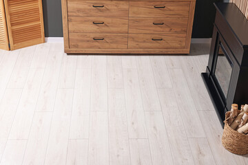 Stylish room with decorative fireplace. Interior design