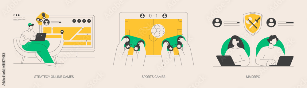 Poster playing computer games abstract concept vector illustrations.