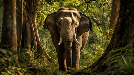 Fototapeta premium Wild elephant in the beautiful forest, AI Generative.