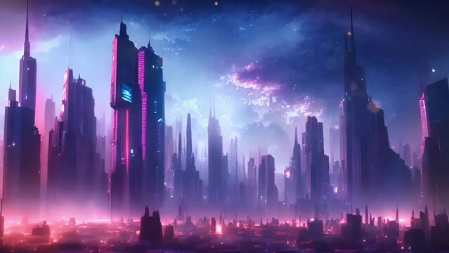 Lofi Cyberpunk Cityscape Skyline with Sunlight. Looping. Animated Background / Wallpaper. VJ / Vtuber / Streamer Backdrop. Seamless Loop.